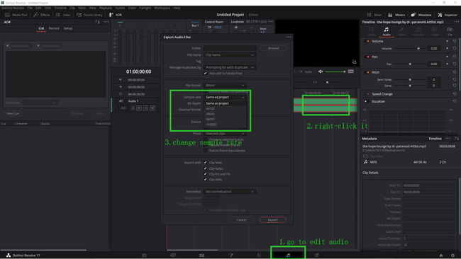 change audio sample rate with davinci resolve