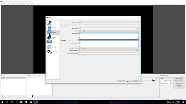 how to change audio bitrate obs
