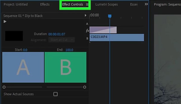 dissolve transition settings in premiere pro