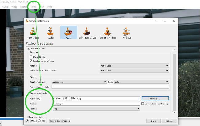 change snapshot saving location in vlc