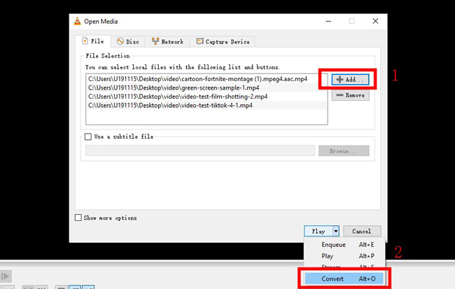 add files and convert media in vlc