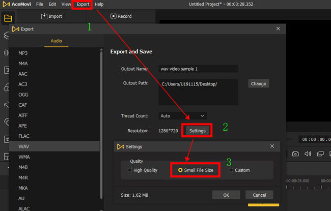 set small file size for audio in videmake