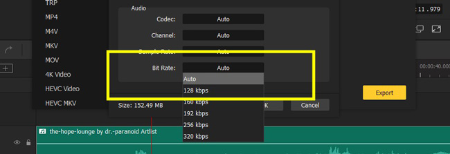 how to change audio bitrate in VideMake Video Editor