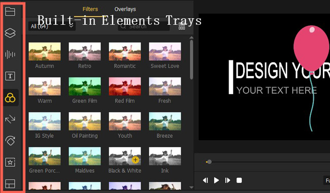 element trays of videmake easy video editing software